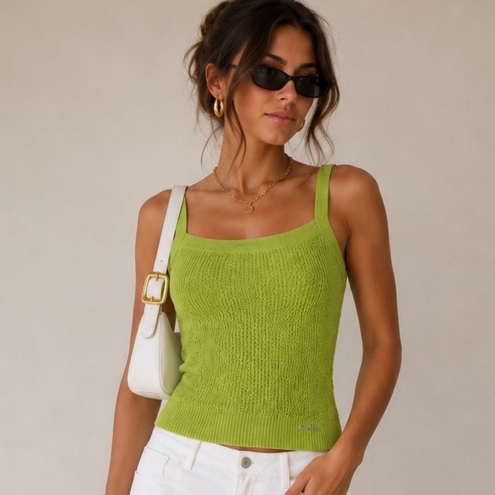 St John Sport Lime Green Wool Blend Knit Tank Top XL Square Neck Textured